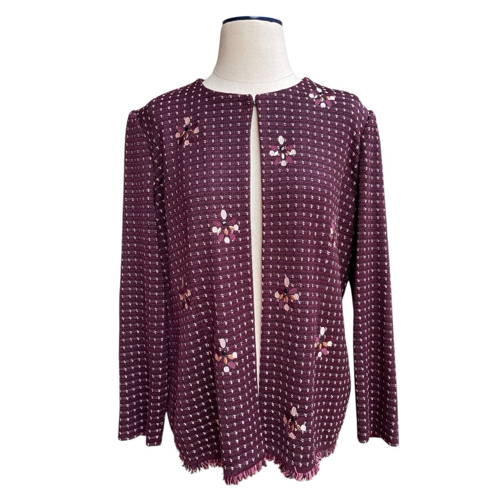Misook Knit Round Neck Floral Embroidered Long Sleeve Jacket Size‎ L Retail $398